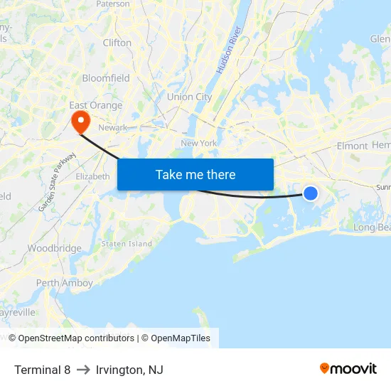 Terminal 8 to Irvington, NJ map