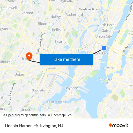 Lincoln Harbor to Irvington, NJ map