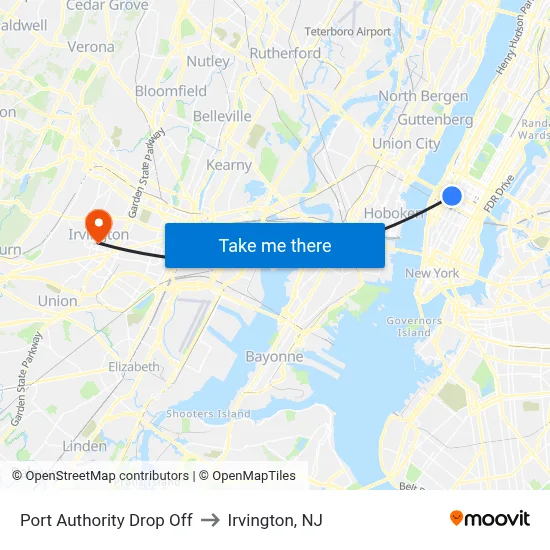 Port Authority Drop Off to Irvington, NJ map