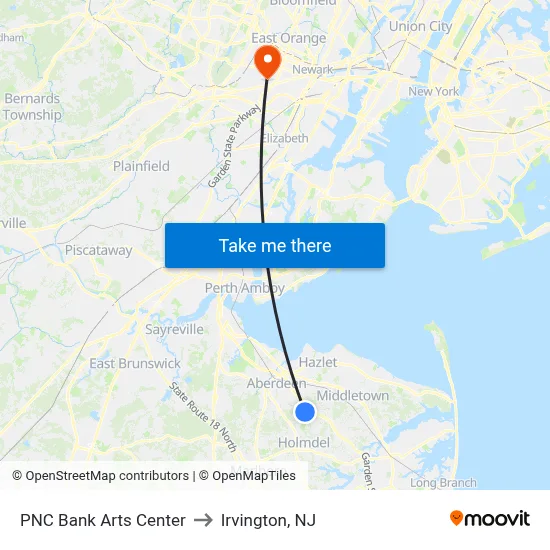 PNC Bank Arts Center to Irvington, NJ map