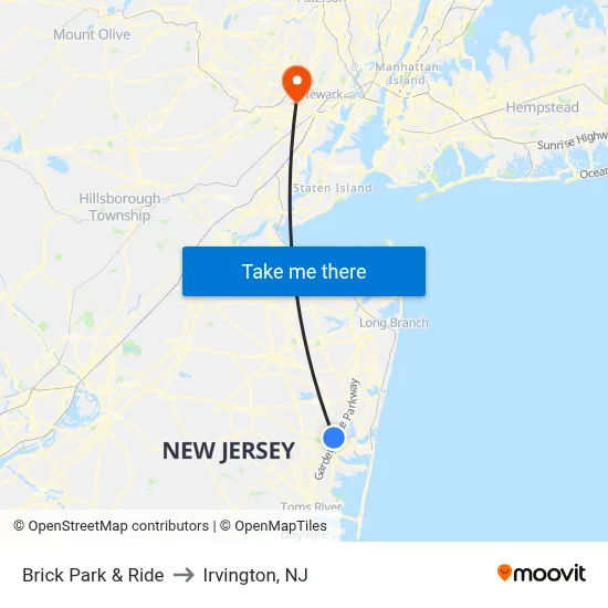 Brick Park & Ride to Irvington, NJ map