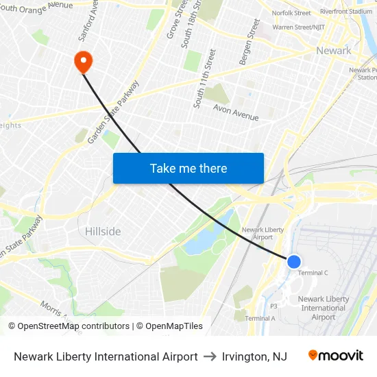 Newark Liberty International Airport to Irvington, NJ map