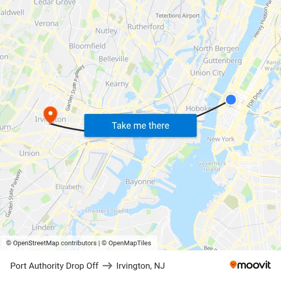 Port Authority Drop Off to Irvington, NJ map