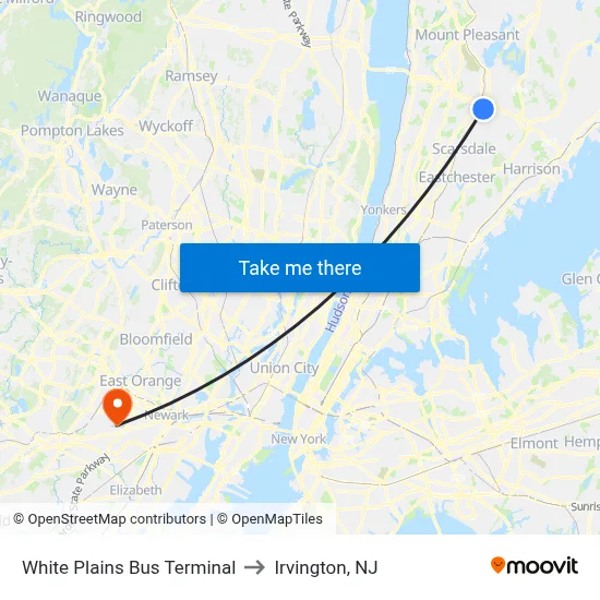 White Plains Bus Terminal to Irvington, NJ map