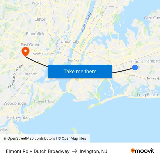 Elmont Rd + Dutch Broadway to Irvington, NJ map