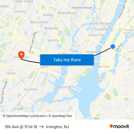 5th Ave @ 51st St to Irvington, NJ map