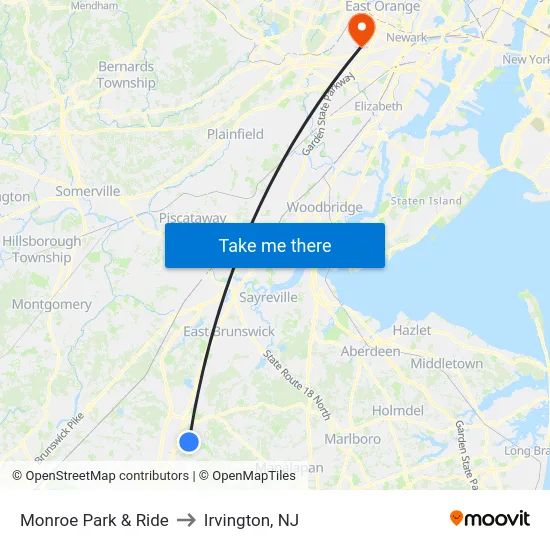 Monroe Park & Ride to Irvington, NJ map