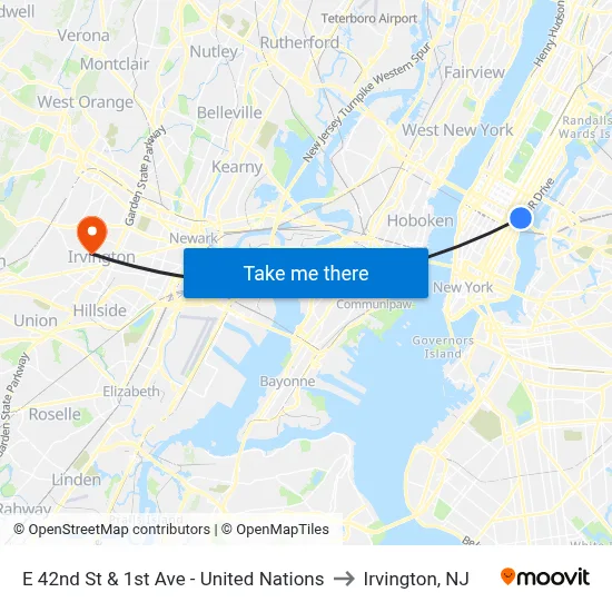 E 42nd St & 1st Ave - United Nations to Irvington, NJ map