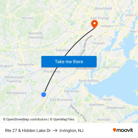 Rte 27 & Hidden Lake Dr to Irvington, NJ map