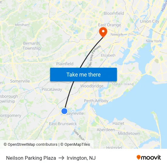Neilson Parking Plaza to Irvington, NJ map