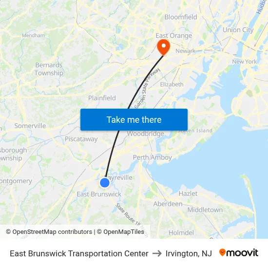 East Brunswick Transportation Center to Irvington, NJ map