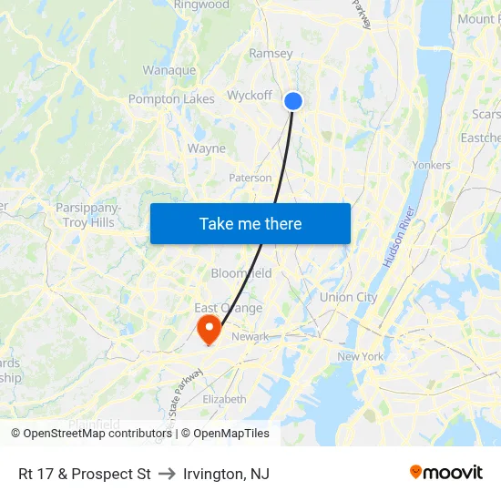 Rt 17 & Prospect St to Irvington, NJ map