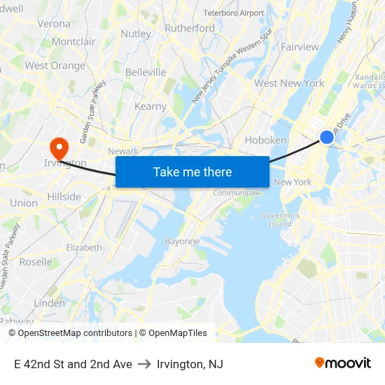 E 42nd St and 2nd Ave to Irvington, NJ map