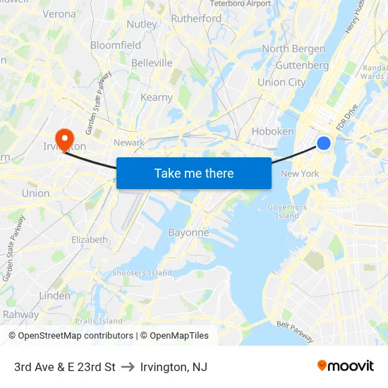 3rd Ave & E 23rd St to Irvington, NJ map