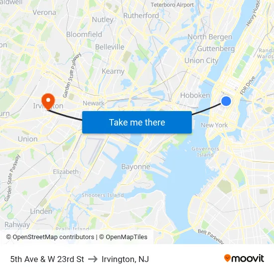 5th Ave & W 23rd St to Irvington, NJ map