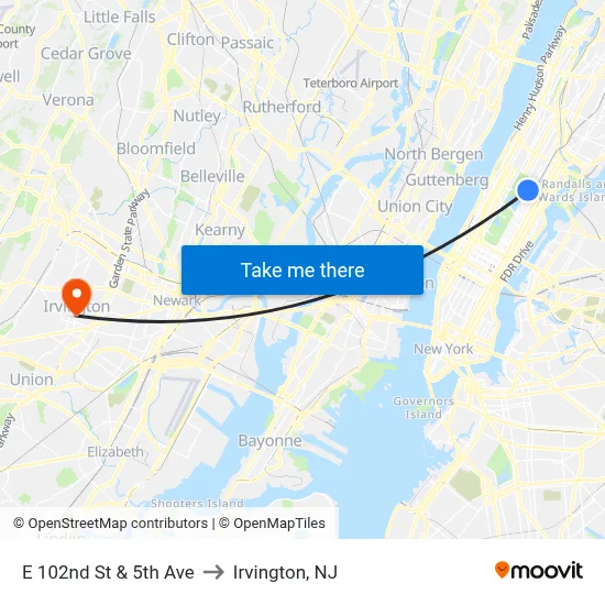 E 102nd St & 5th Ave to Irvington, NJ map