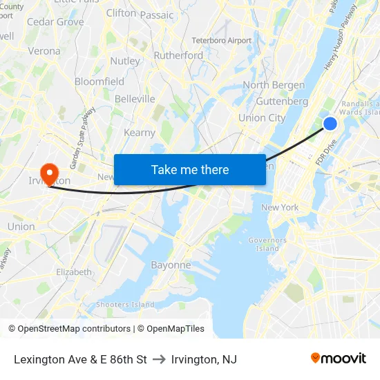 Lexington Ave & E 86th St to Irvington, NJ map