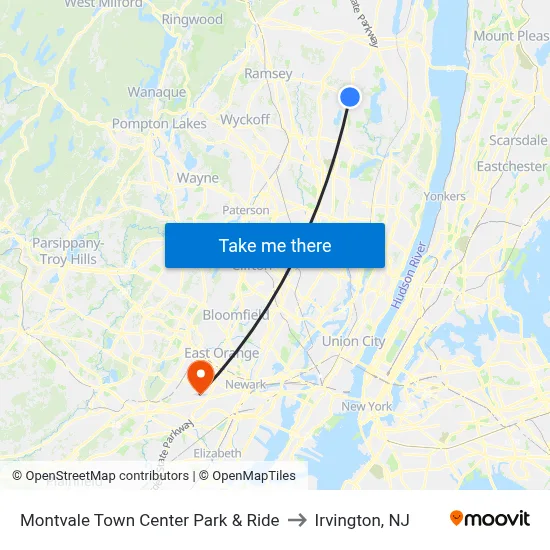 Montvale Town Center Park & Ride to Irvington, NJ map