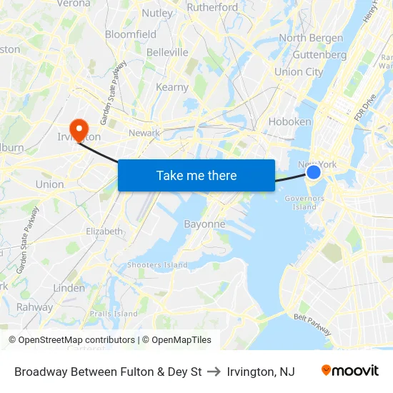 Broadway Between Fulton & Dey St to Irvington, NJ map