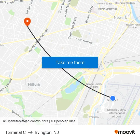 Terminal C to Irvington, NJ map
