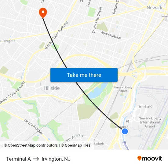 Terminal A to Irvington, NJ map