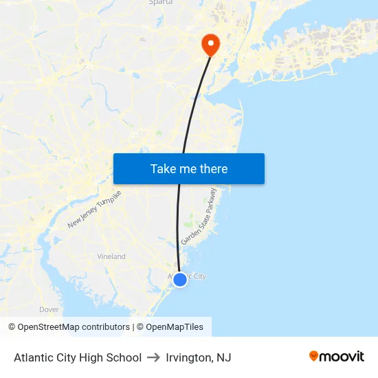 Atlantic City High School to Irvington, NJ map
