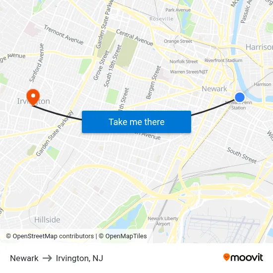 Newark to Irvington, NJ map