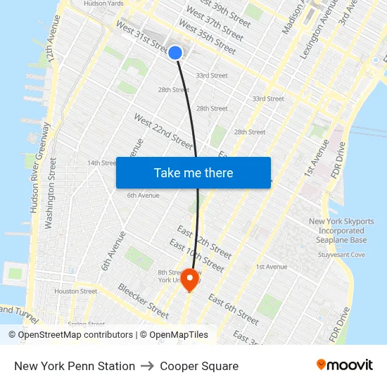 New York Penn Station to Cooper Square map
