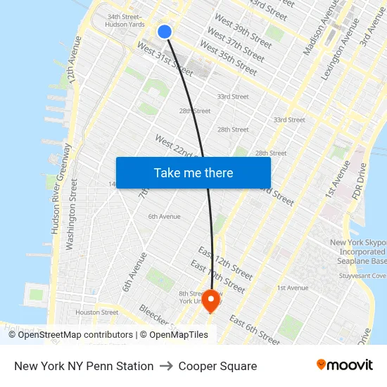 New York NY Penn Station to Cooper Square map