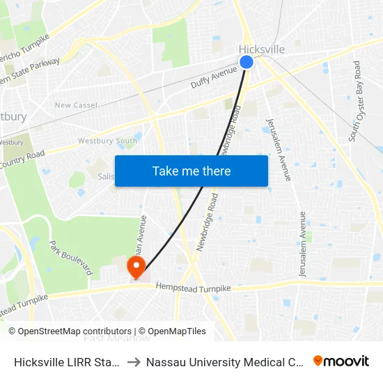 Hicksville LIRR Station to Nassau University Medical Center map