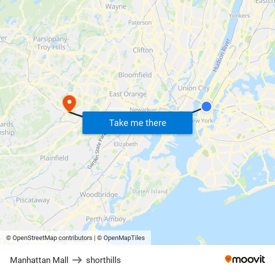Manhattan Mall to shorthills map