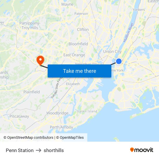 Penn Station to shorthills map