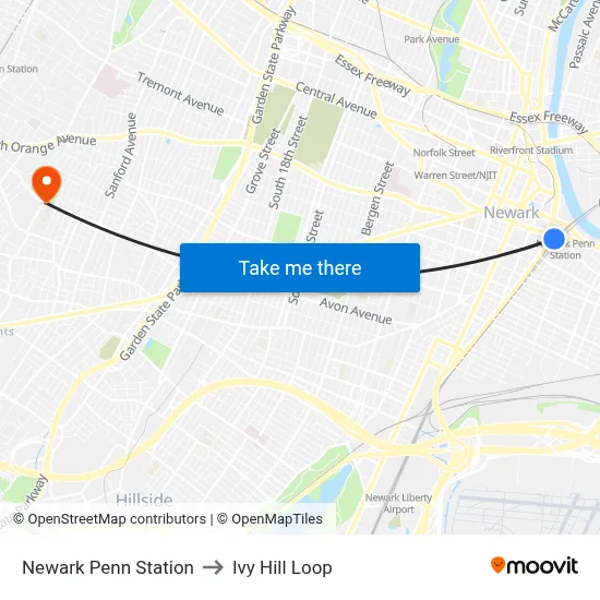 Newark Penn Station to Ivy Hill Loop map