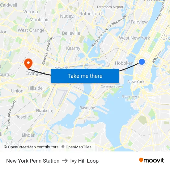 New York Penn Station to Ivy Hill Loop map