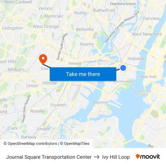 Journal Square Transportation Center to Ivy Hill Loop map