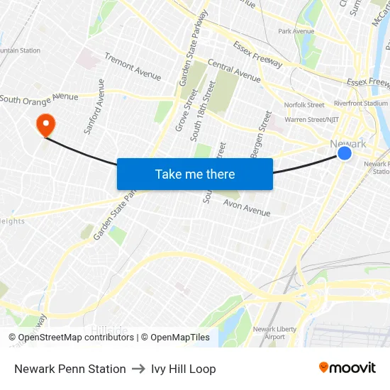 Newark Penn Station to Ivy Hill Loop map
