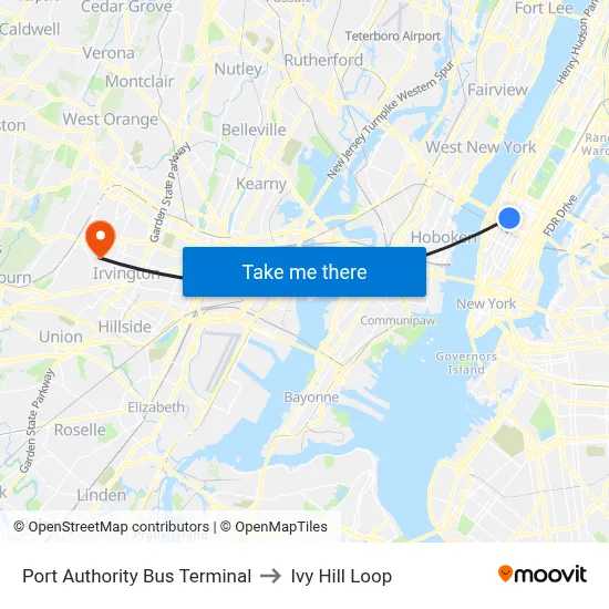 Port Authority Bus Terminal to Ivy Hill Loop map