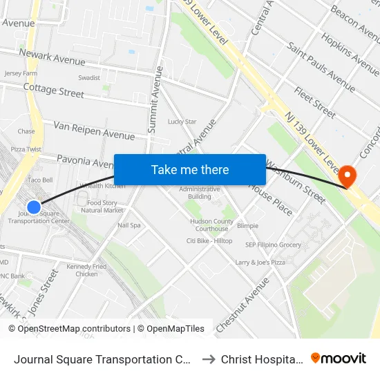 Journal Square Transportation Center to Christ Hospital IT map