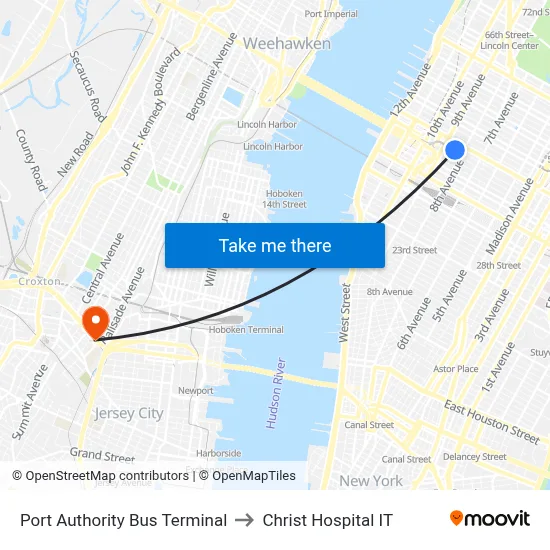 Port Authority Bus Terminal to Christ Hospital IT map