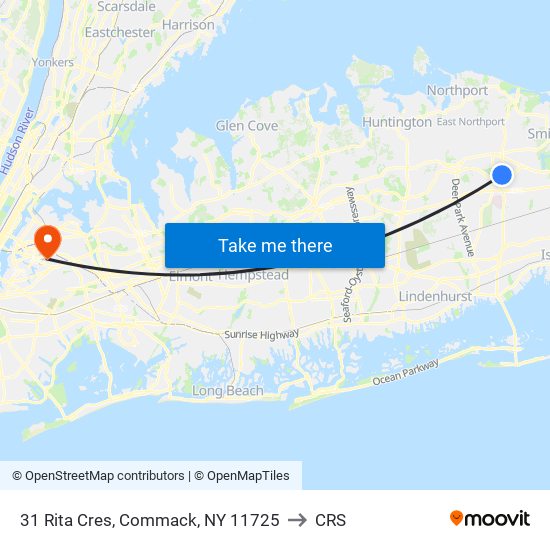 31 Rita Cres, Commack, NY 11725 to CRS map