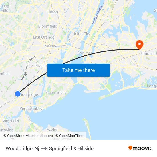 Woodbridge, Nj to Springfield & Hillside map