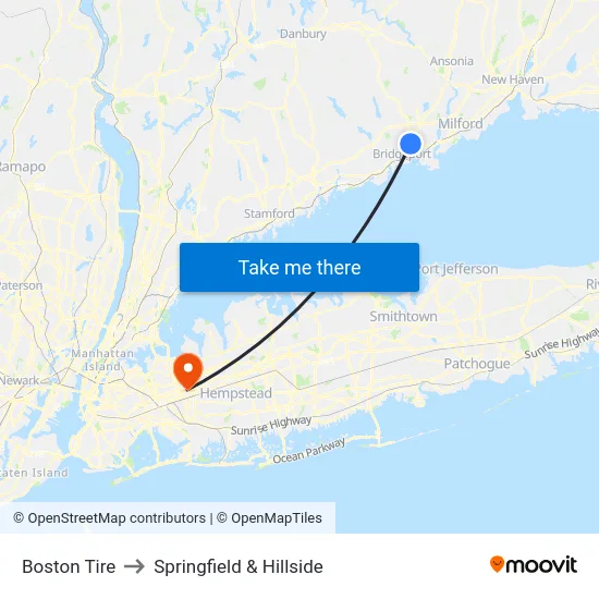 Boston Tire to Springfield & Hillside map