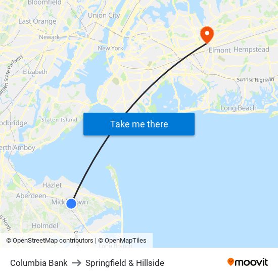 Columbia Bank to Springfield & Hillside map