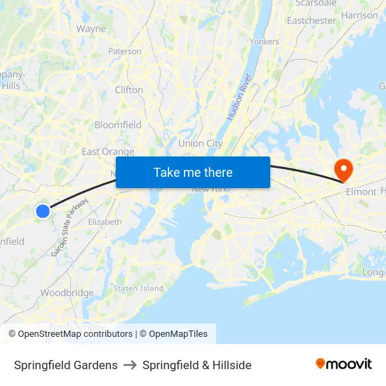 Springfield Gardens to Springfield & Hillside map