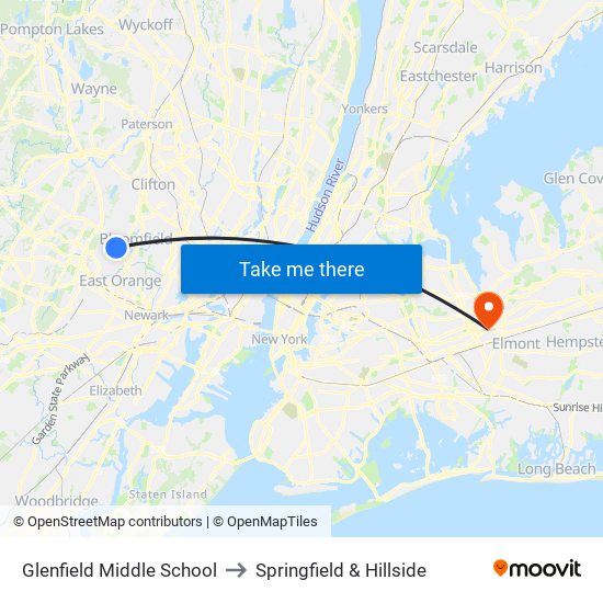 Glenfield Middle School to Springfield & Hillside map