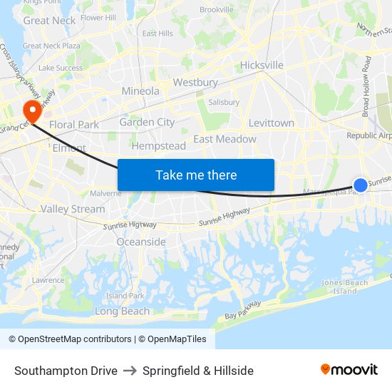Southampton Drive to Springfield & Hillside map