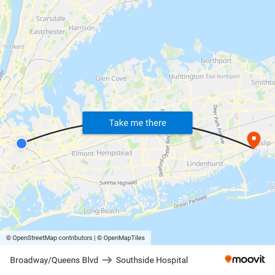 Broadway/Queens Blvd to Southside Hospital map