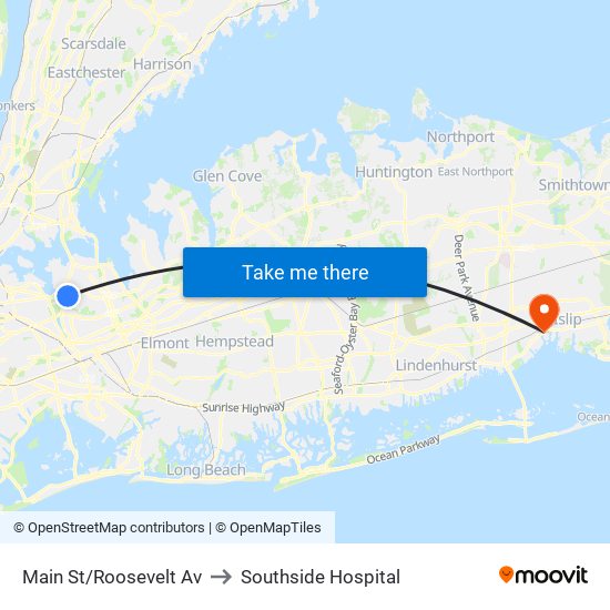 Main St/Roosevelt Av to Southside Hospital map
