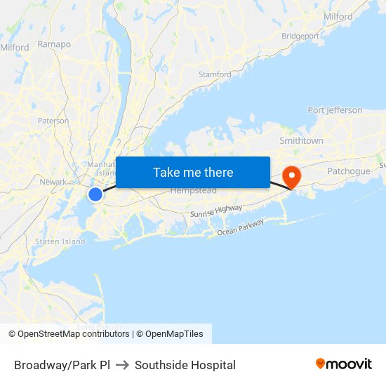 Broadway/Park Pl to Southside Hospital map