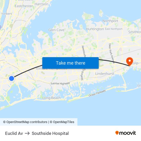 Euclid Av to Southside Hospital map